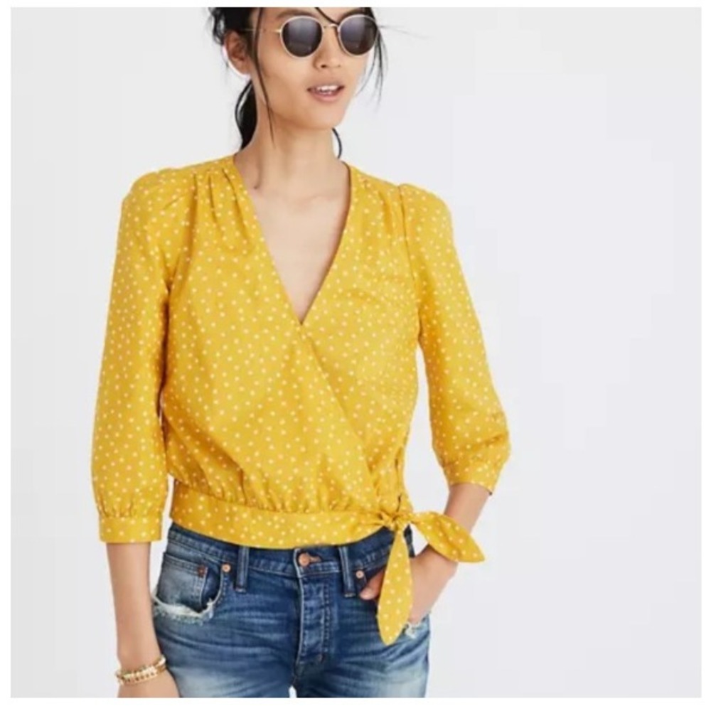 Madewell Star Scatter Wrap Top Yellow Gold V-Neck Side Tie G7804 Womens XS NWT